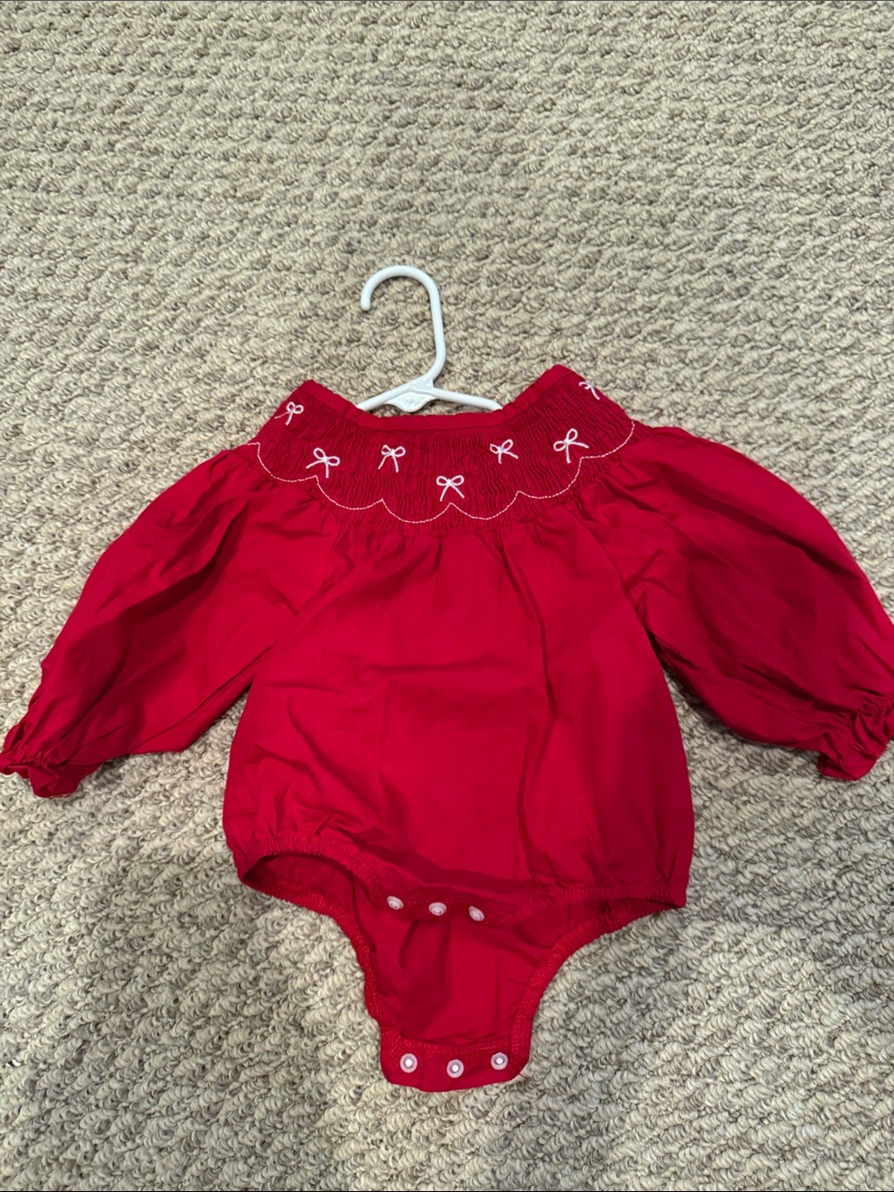 Amazon Red Long-Sleeve Smocked One-Piece with Bow Embroidery